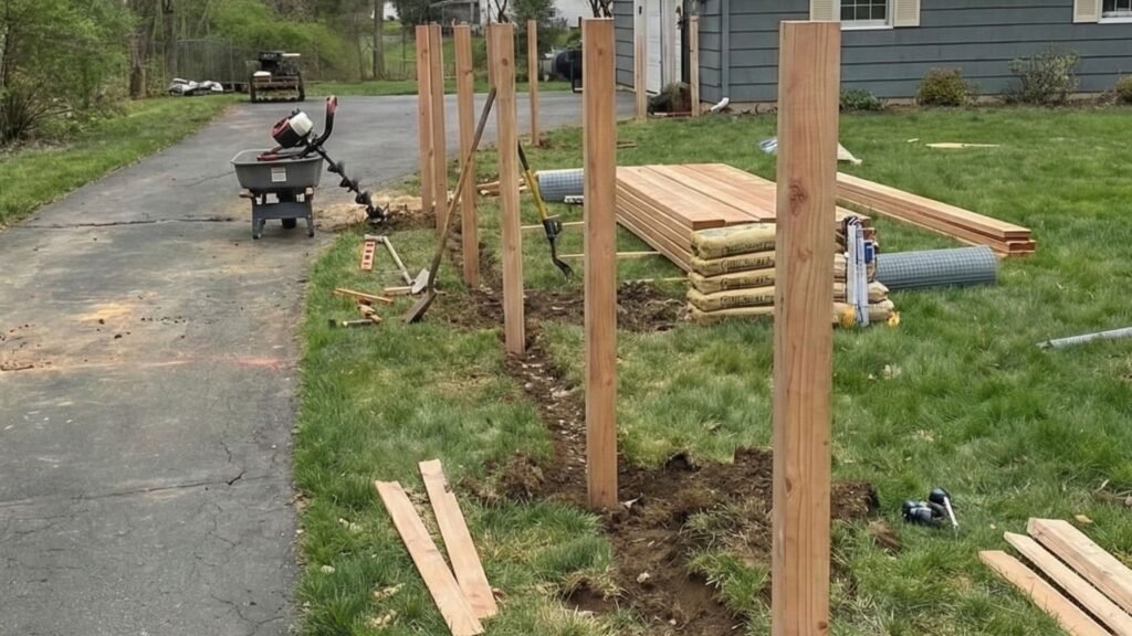 Freshly set wood fence posts aligned in soil with tools and materials staged for installation