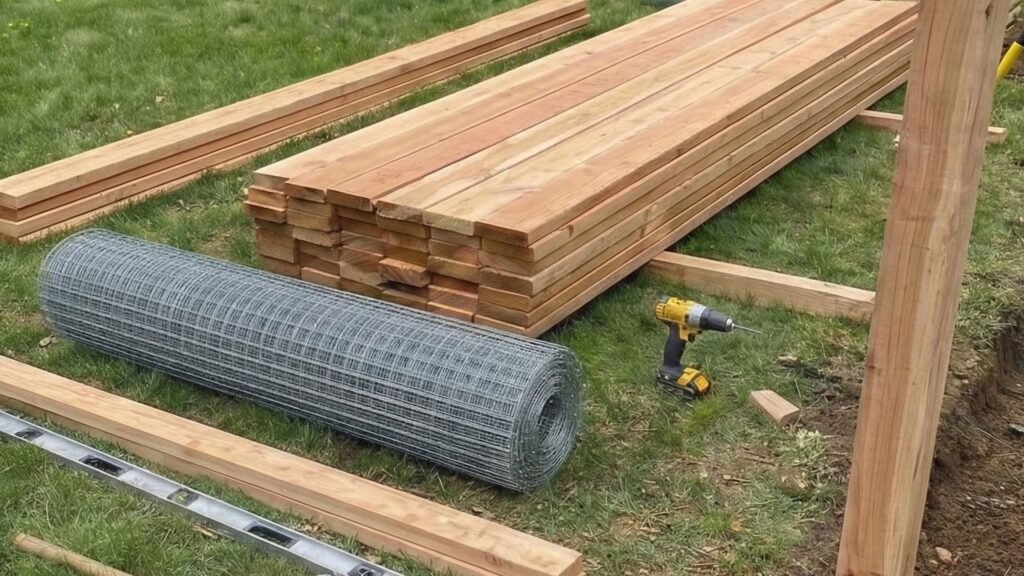 My Fence Guy preparing cedar boards, fence posts, and wire mesh for residential fence installation
