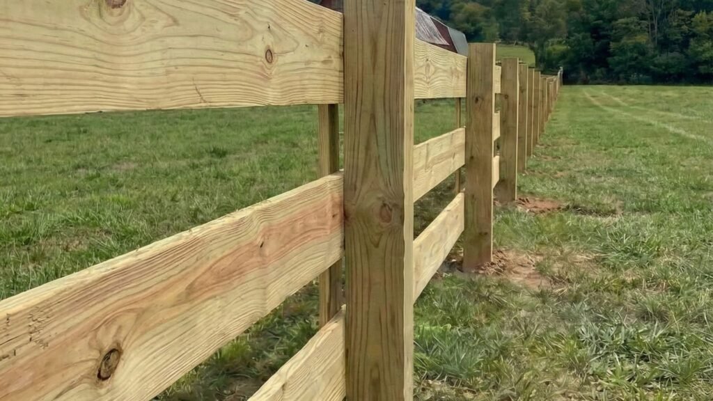 New wooden fence with horizontal rails and vertical posts installed across rural property in Amenia NY