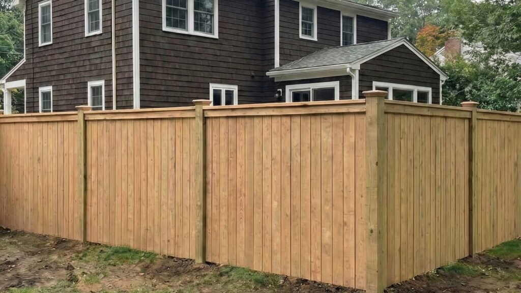 Newly installed cedar privacy fence with vertical boards around residential property in Bedford NY