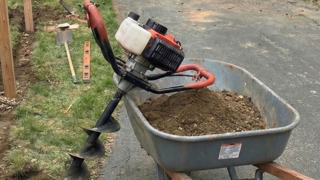 Gas powered auger and wheelbarrow of soil used for precise fence post hole digging