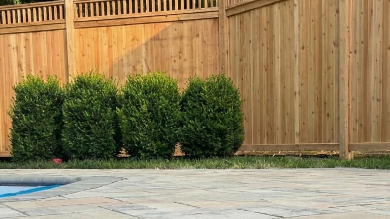 Paver patio with decorative fence panels and landscaping showing professional fencing installation work